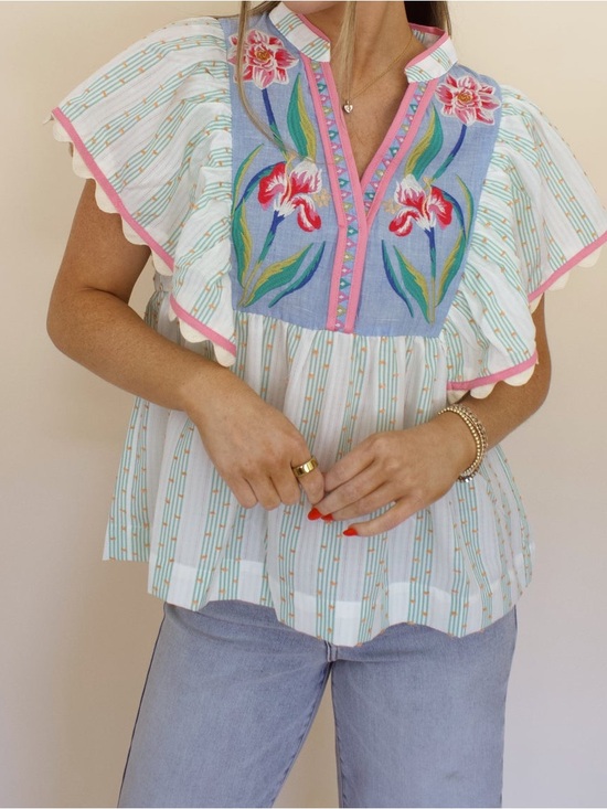 THML Tops - THML Embroidered Flutter Sleeve Peasant Top